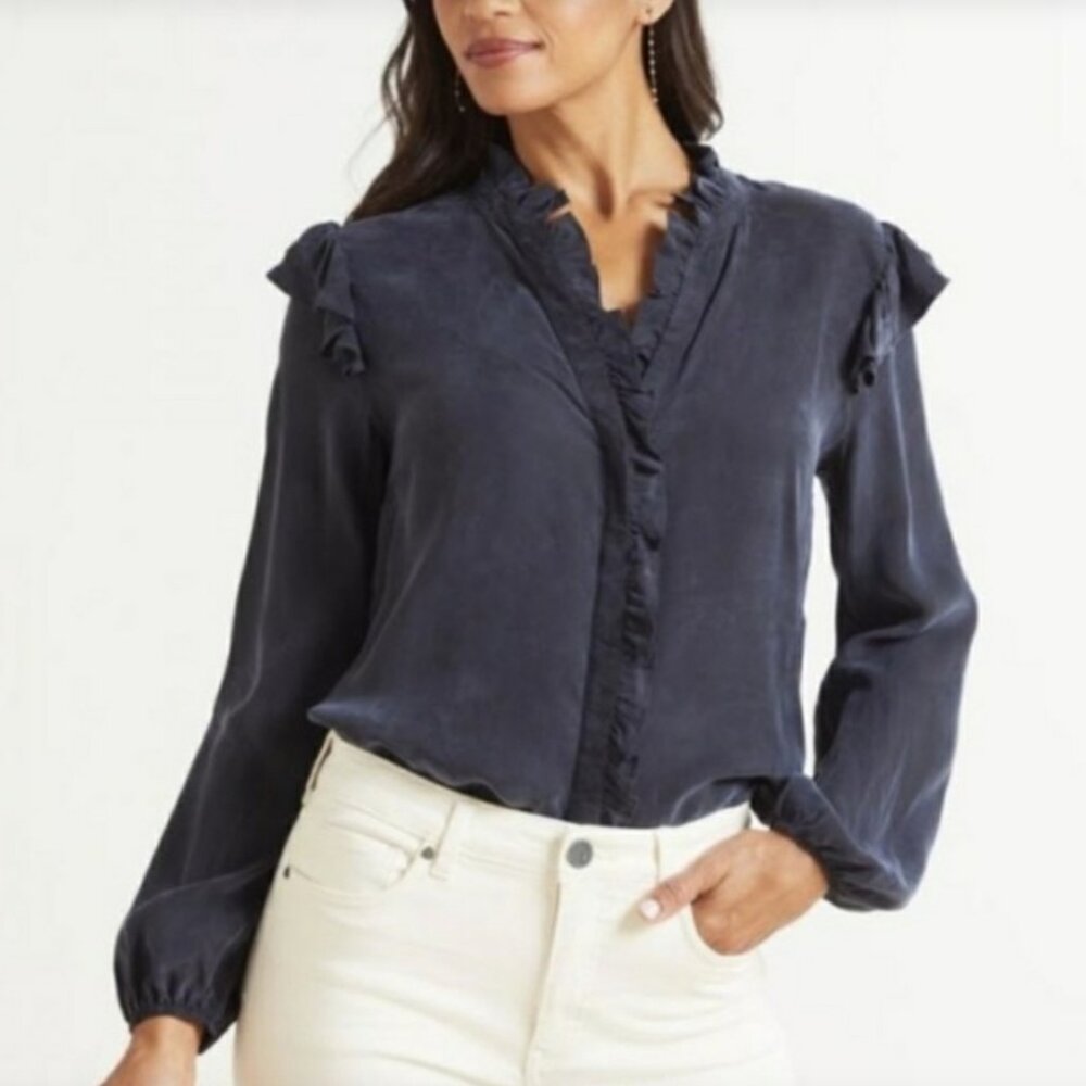 Evereve Size Small Navy Thea Ruffle Blouse Button Down Preppy Elegant Office